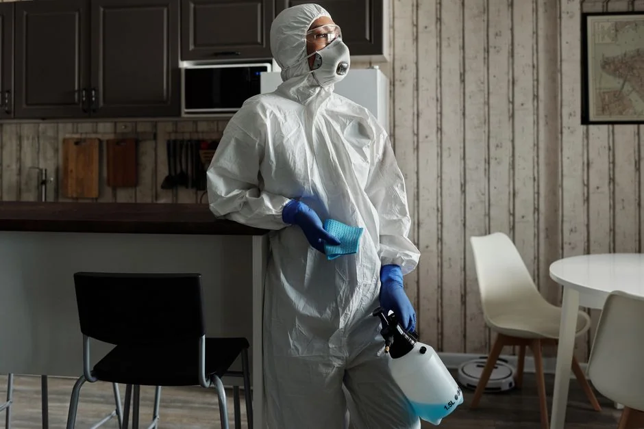 From above anonymous housekeeper in yellow rubber gloves spraying cleaner to chrome water faucet in bathroom